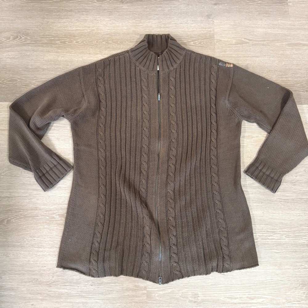 Vintage Jordan Full Zip‎ Sweater Mens XLT Brown Cable Knit Mock Neck F20205JLK